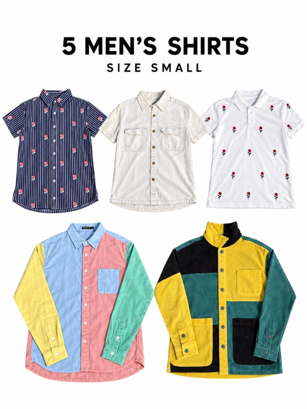 Men’s 5 Shirt Bundle - Button-Ups, Polo & Colorblock, Small